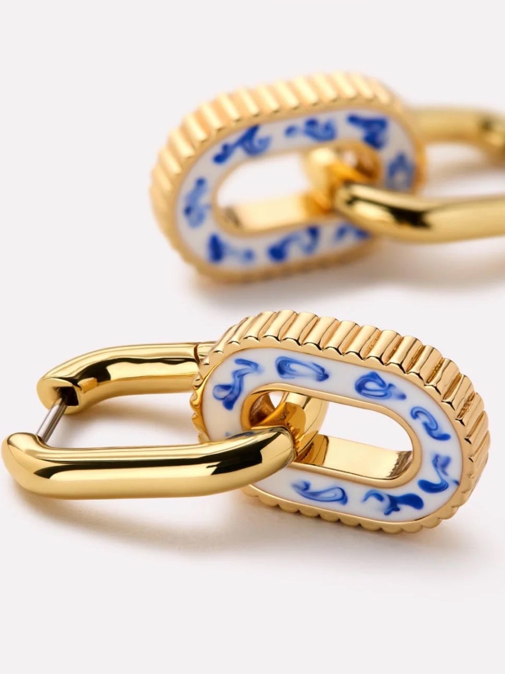 Gold Link Drop Earrings with White & Blue Enamel
